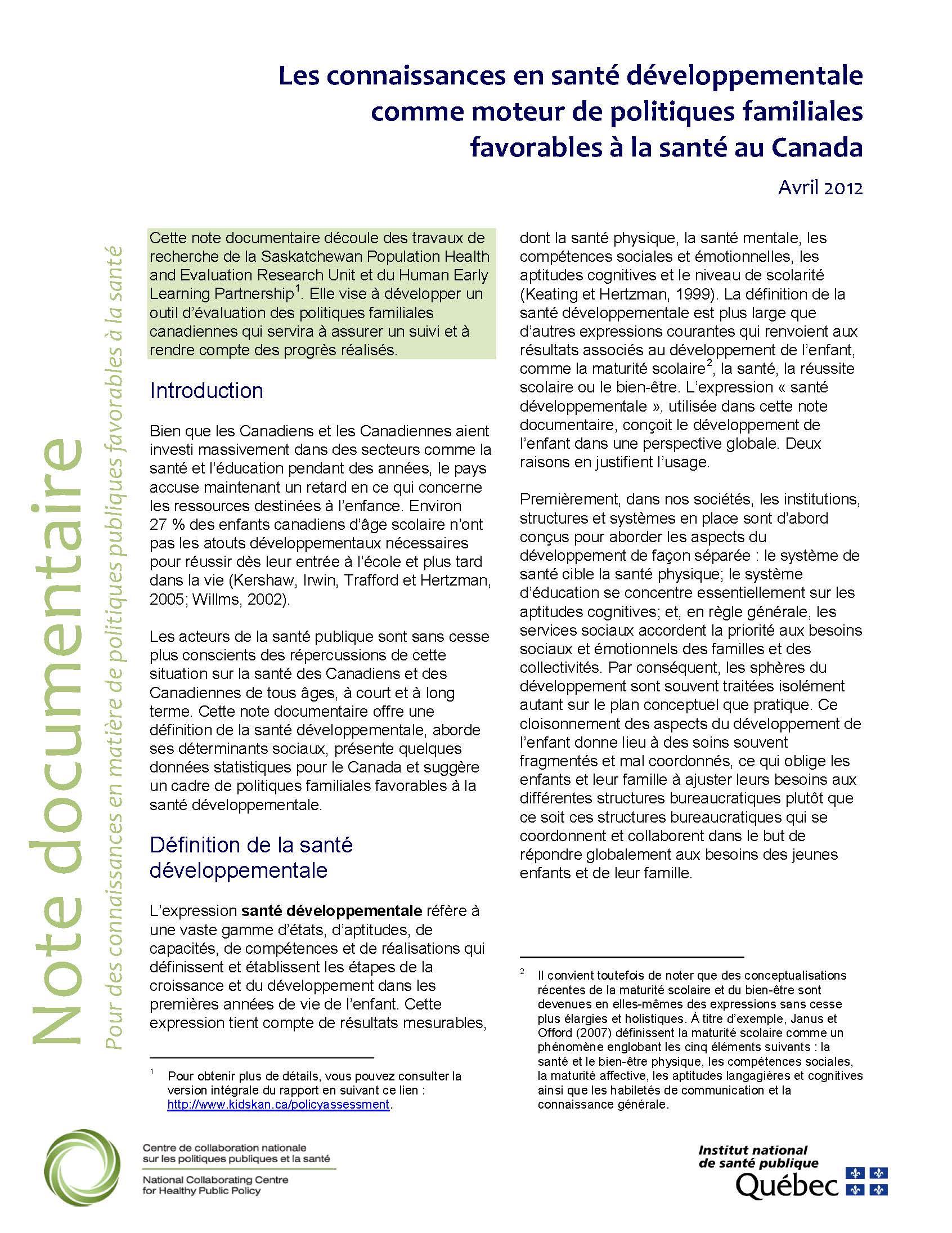 Les connaissances en santé développementale comme moteur de politiques familiales favorables à la santé au Canada