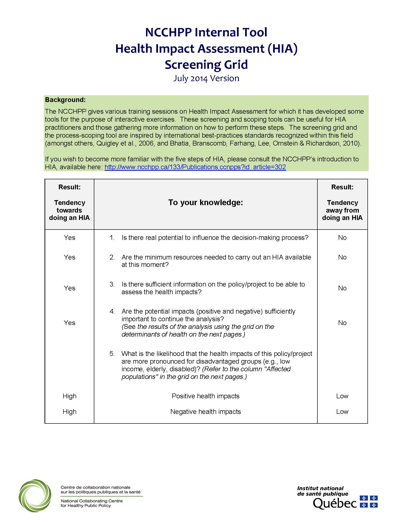 Health Impact Assessment (HIA) Toolbox - Cost Calculator, Screening ...