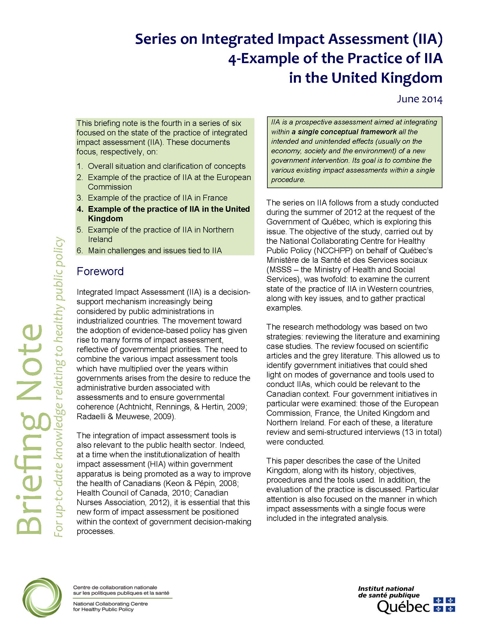 Series on Integrated Impact Assessment (IIA). 4-Example of the practice of IIA in the United Kingdom