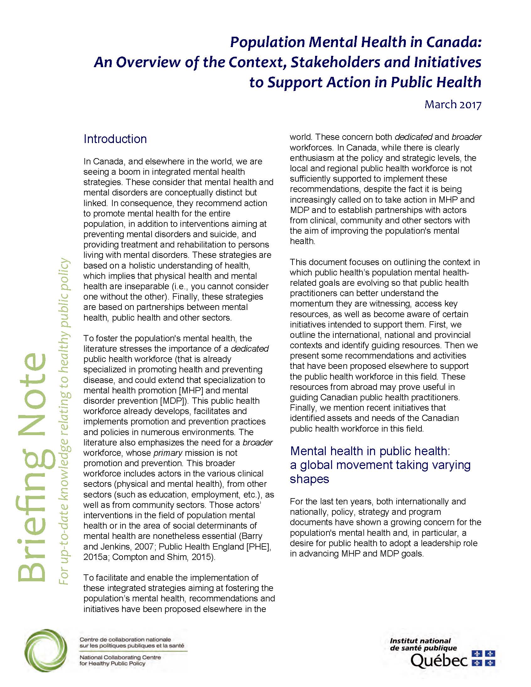 Population Mental Health in Canada: An Overview of the Context, Stakeholders and Initiatives to Support Action in Public Health