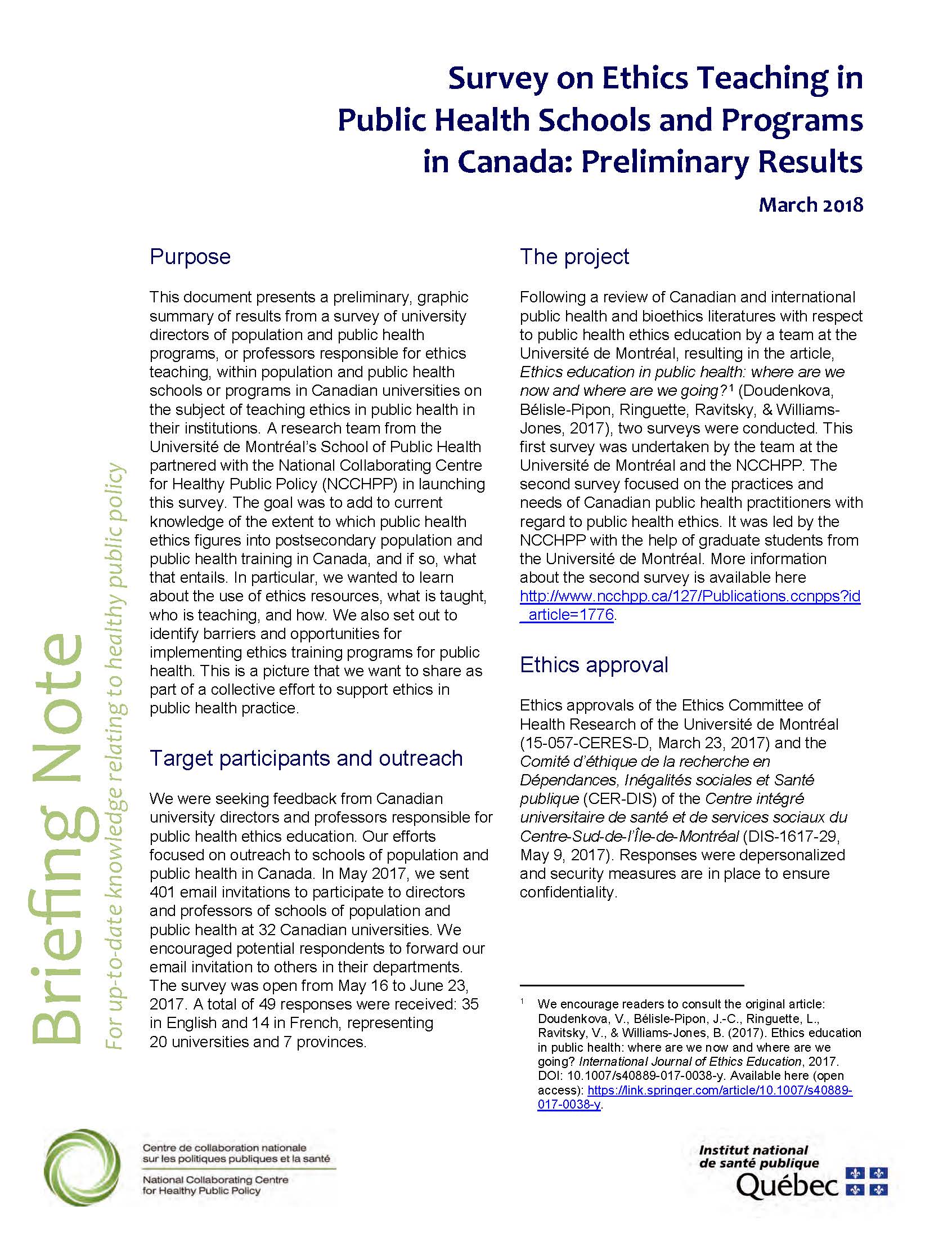 Survey on Ethics Teaching in Public Health Schools and Programs in Canada: Preliminary Results