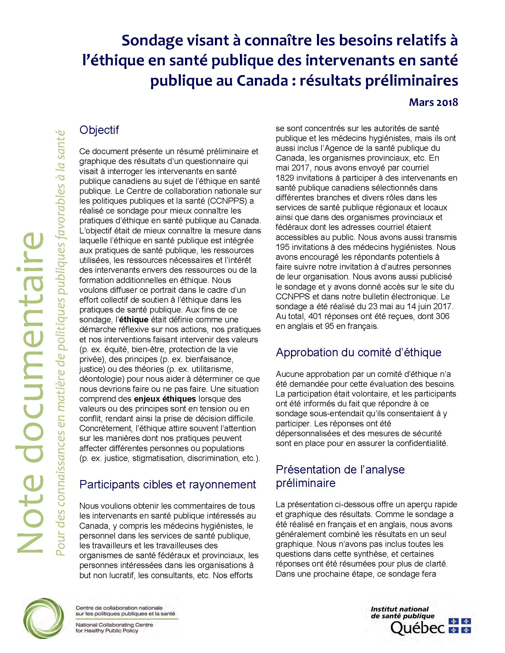 Sondage visant à connaître les besoins relatifs à l’éthique en santé publique des intervenants en santé publique au Canada : résultats préliminaires