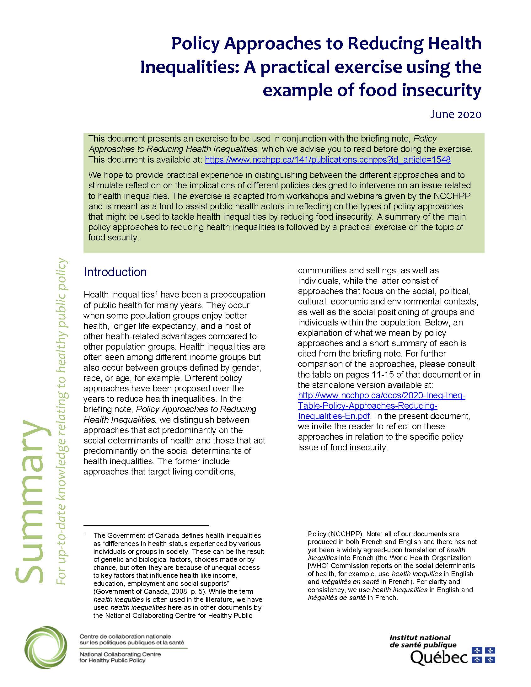 Policy Approaches to Reducing Health Inequalities: A practical exercise using the example of food insecurity