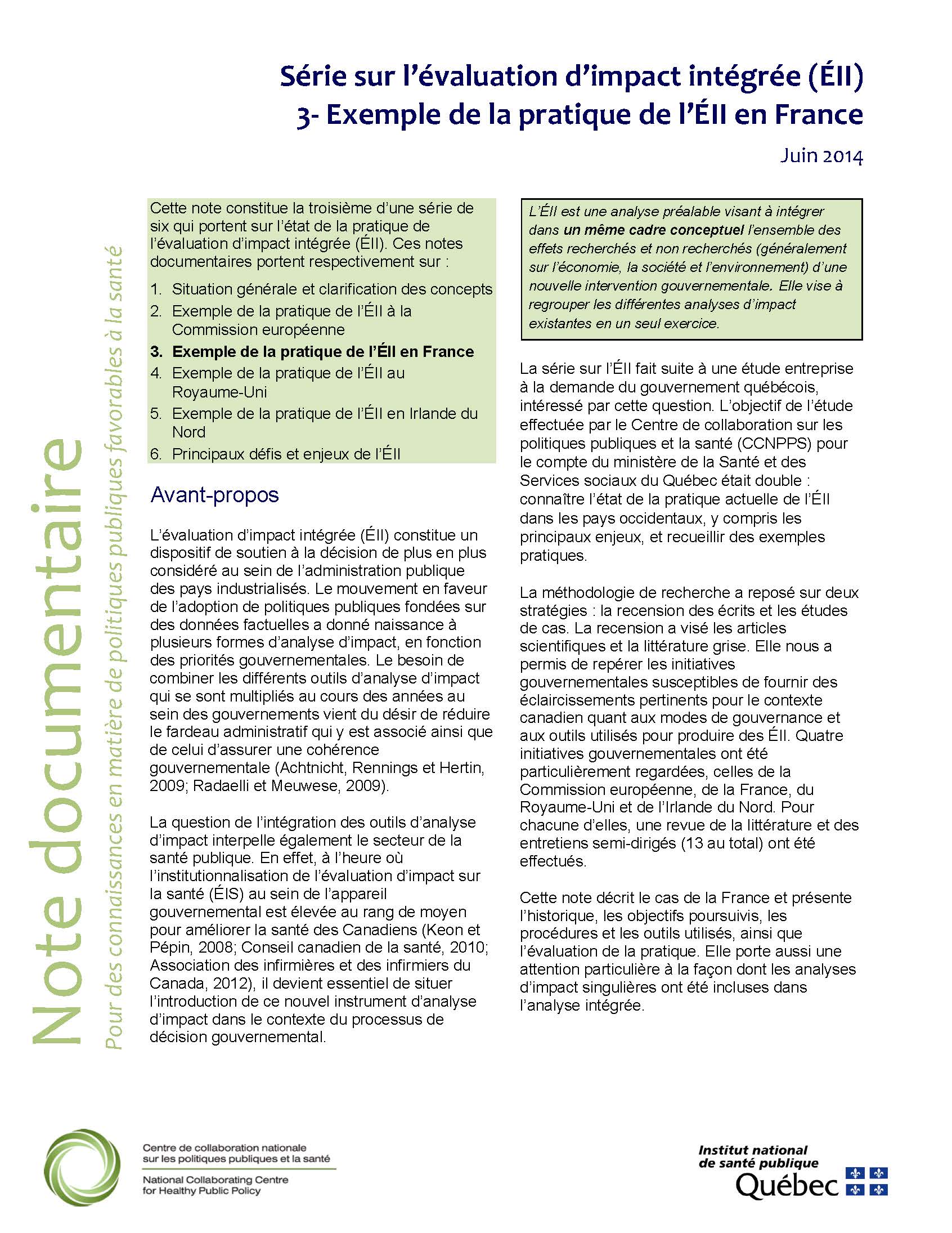 Série sur l’évaluation d’impact intégrée (ÉII). 3-Exemple de la pratique de l’ÉII en France