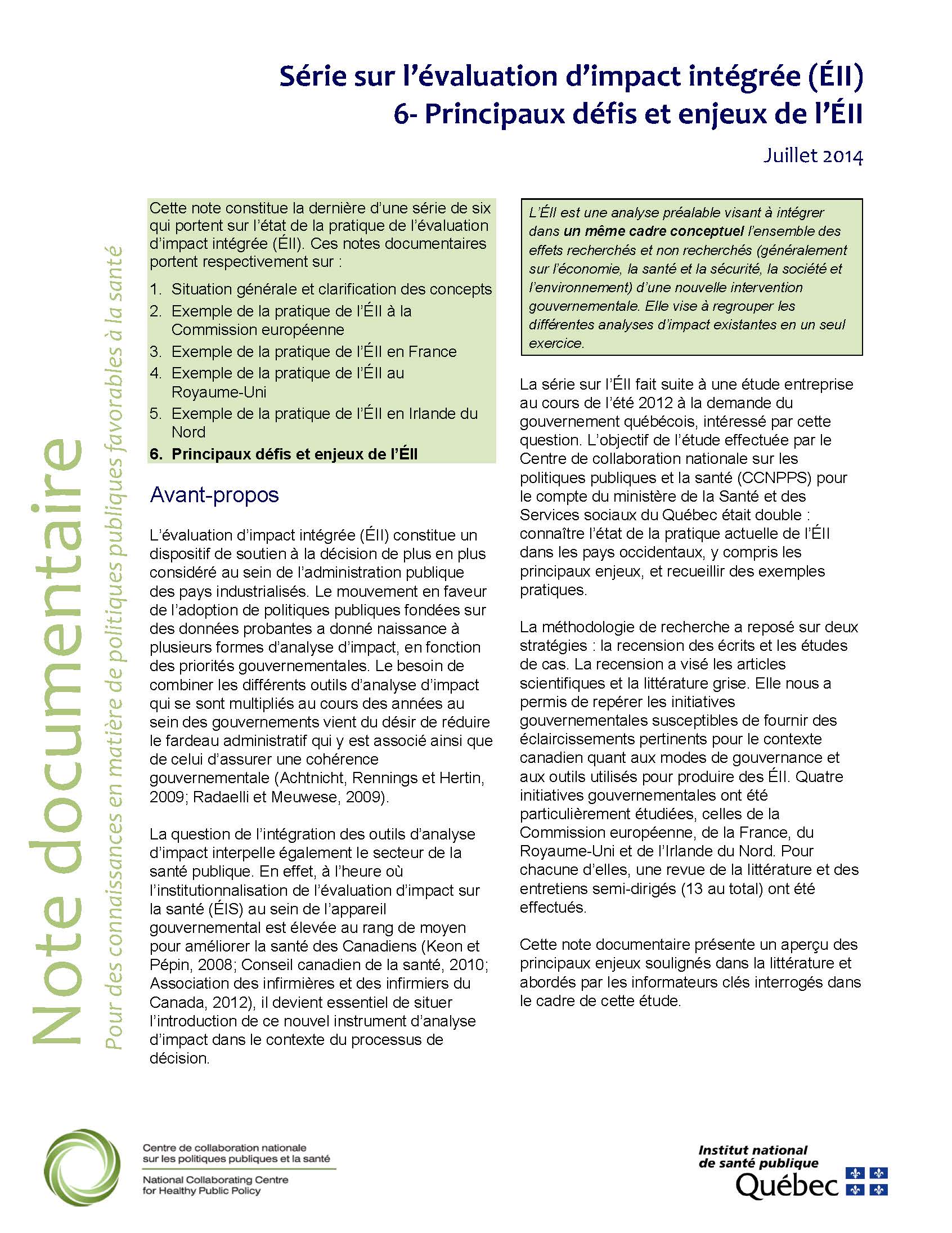 Série sur l’évaluation d’impact intégrée (ÉII). 6-Principaux défis et enjeux de l’ÉII