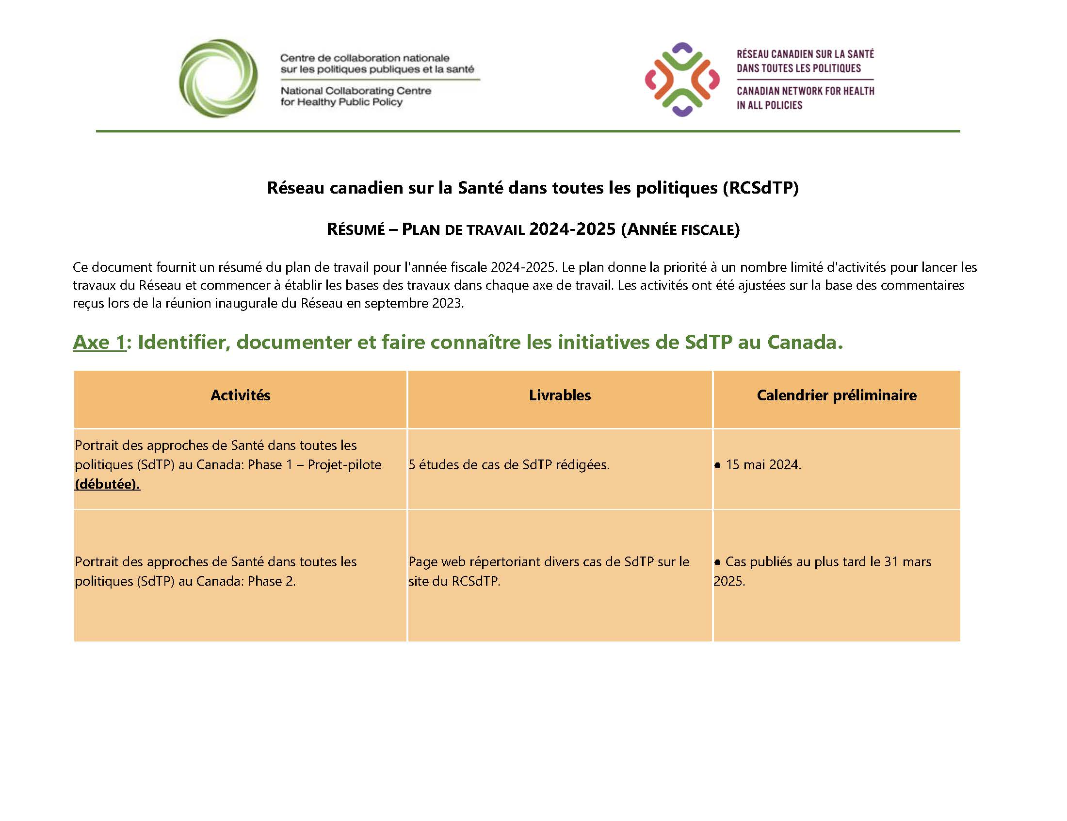 Résumé du plan de travail du RCSdTP 2024-2025