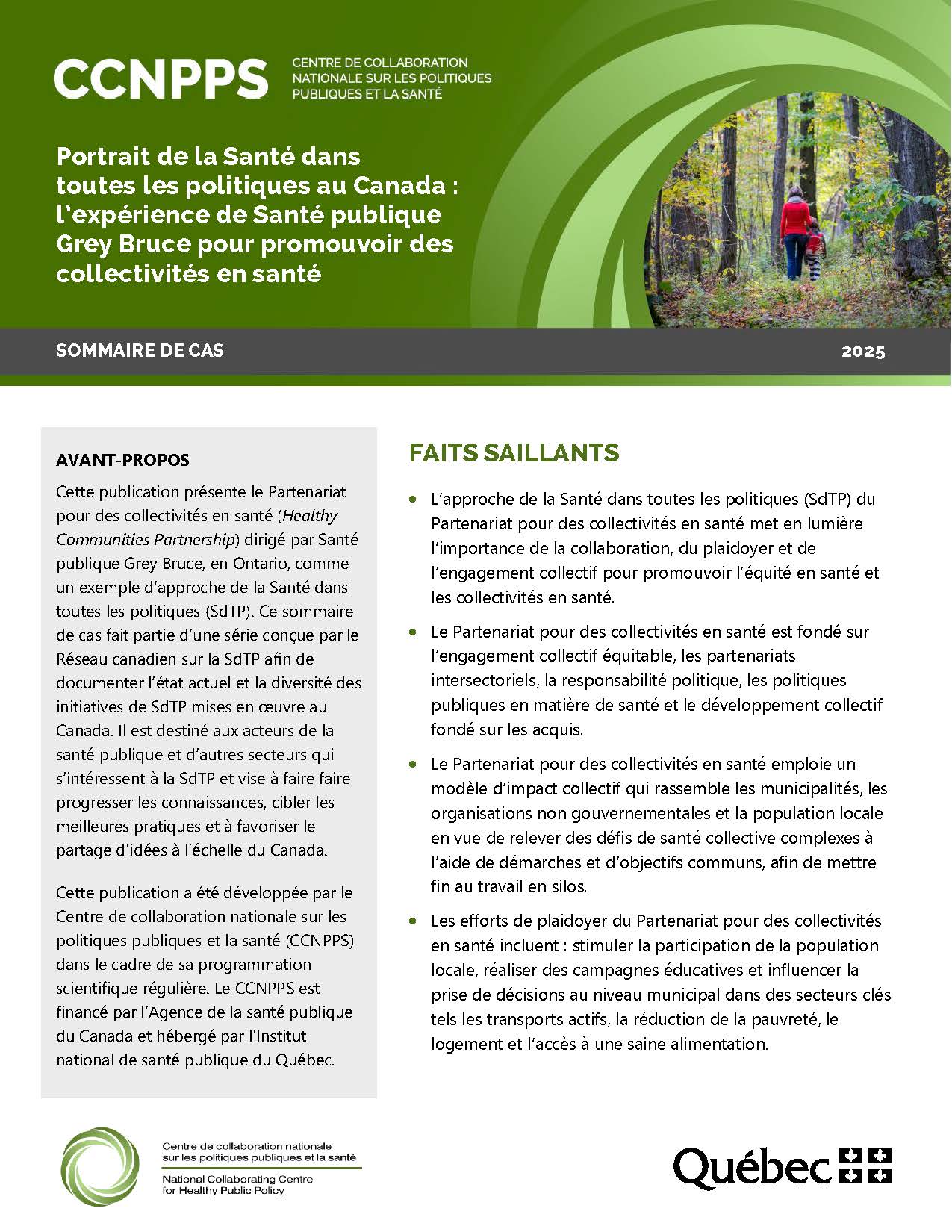 Image de la première page du document : Portrait de la Santé dans toutes les politiques au Canada : le modèle collaboratif du Québec pour la gouvernance de la prévention en santé