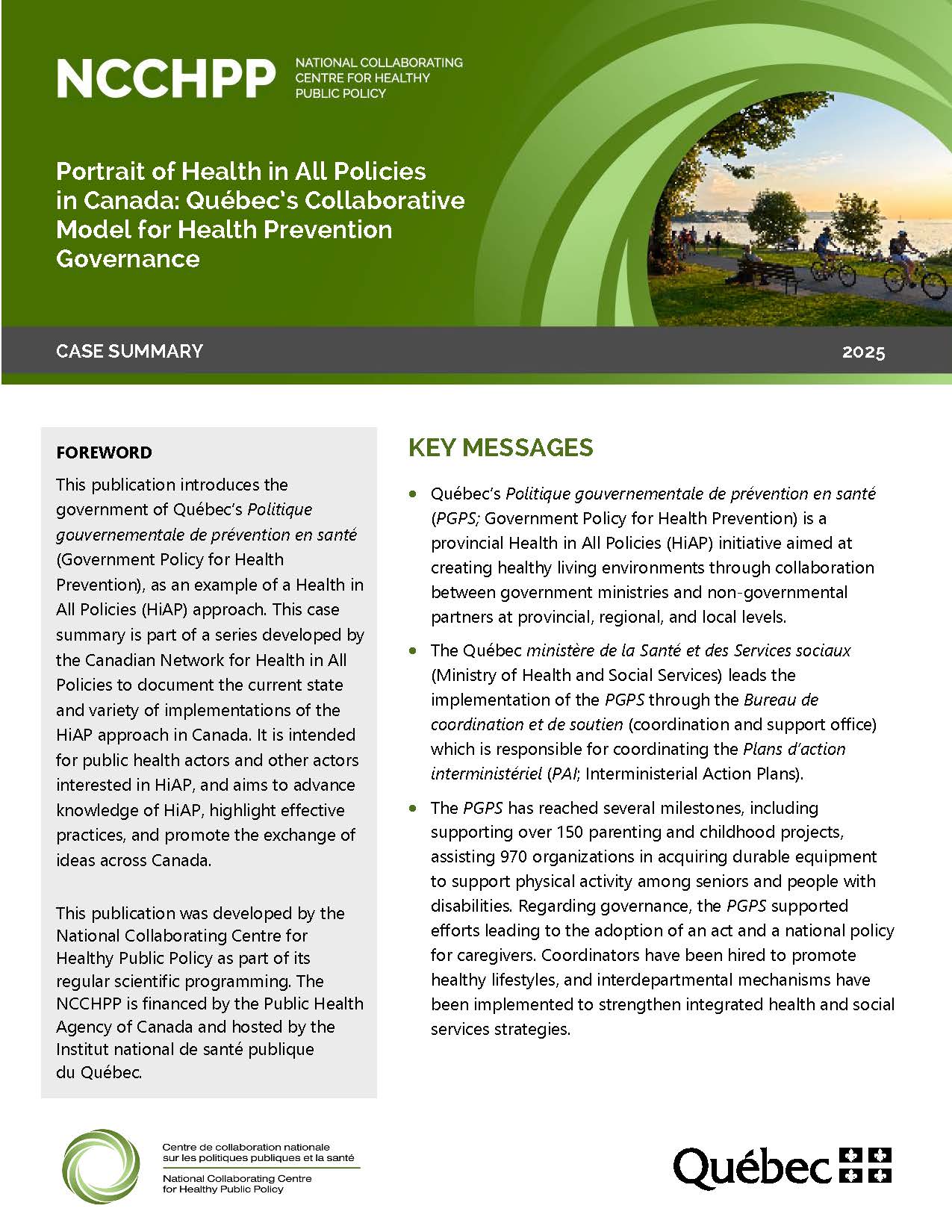 Image of the first page of the document: Portrait of Health in All Policies Approaches in Canada: Québec’s Collaborative Model for Health Prevention Governance