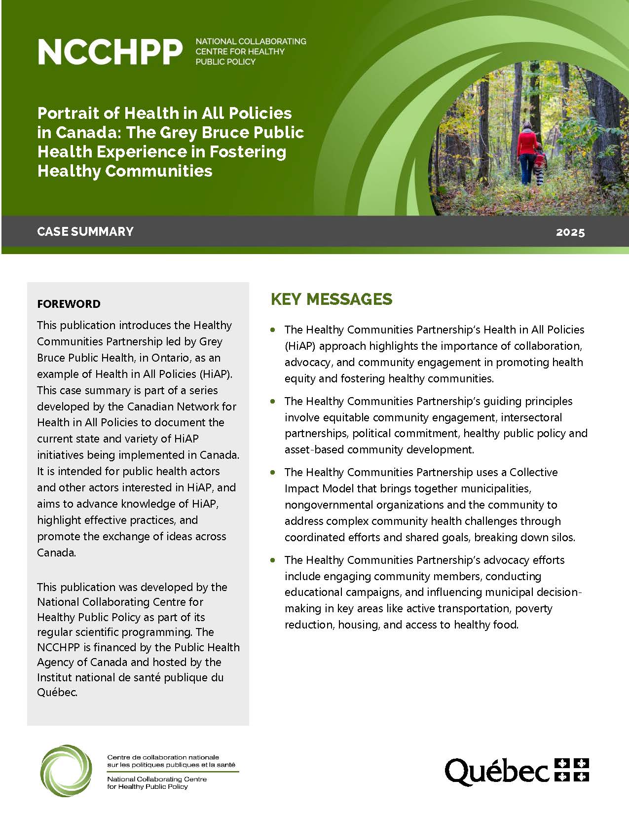 Image of the first page of the document: Portrait of Health in All Policies Approaches in Canada: Québec’s Collaborative Model for Health Prevention Governance